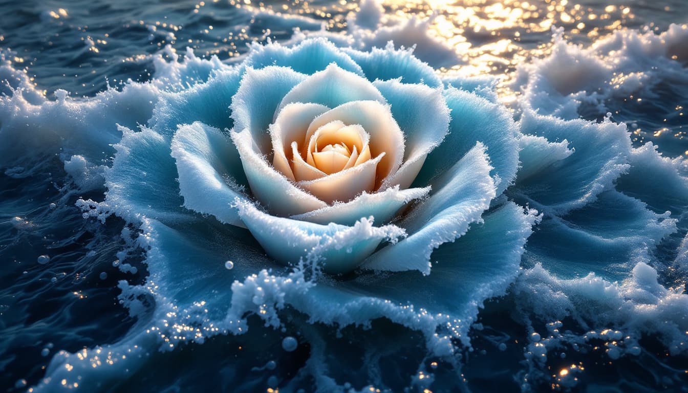 AI generated:  sea scape and giant rose   pattern shellfish  ocean wave with sea foam,  , crashing on the shore, i...