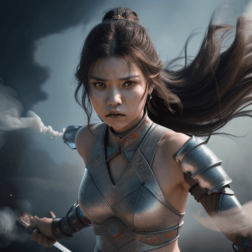 AI generated: A fierce warrior princess made of smoke floating inatrain station staring directly at the camera men...
