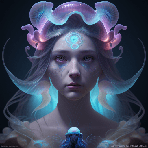 AI generated: Goddess close-up portrait ribcagel. jellyfish phoenix head, nautilus, orchid, skull, betta fish, bio...