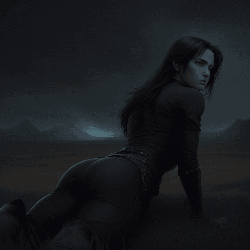 AI generated: Viewed from a rear sight, close-up, quarter of an angle perspective. A lady, out in an epic adventur...