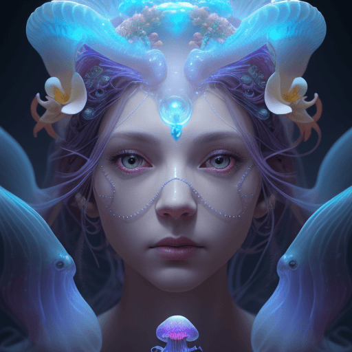 AI generated: Goddess close-up portrait ribcagel. jellyfish phoenix head, nautilus, orchid, skull, betta fish, bio...