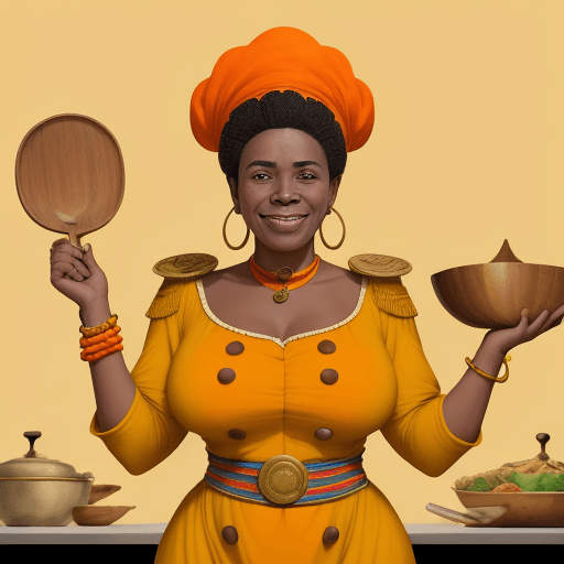 AI generated: Create an illustration of African MamaGuste, the protector of family meals. She's a sturdy, smiling ...
