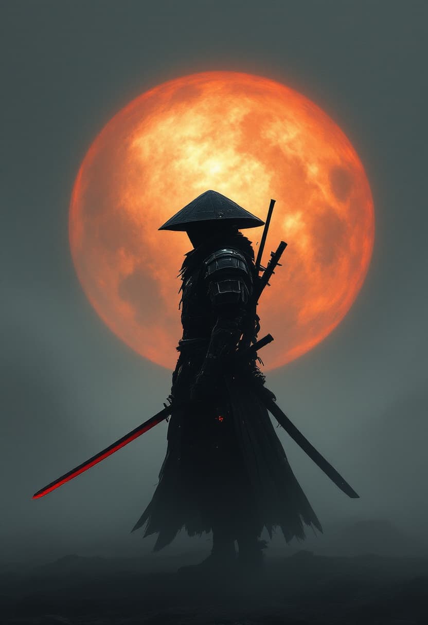 AI generated: A cinematic portrait of a lone cyber samurai standing in a dark, misty environment under a softly gl...