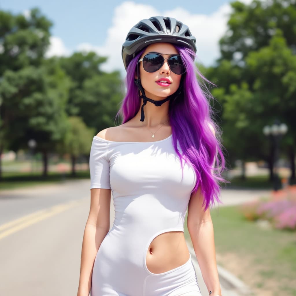 AI generated: midriff, woman, bicycle helmet, sunglasses, bodysuit, shorts, <lora:b1keg1rl-v1:1>, petite, breasts,...