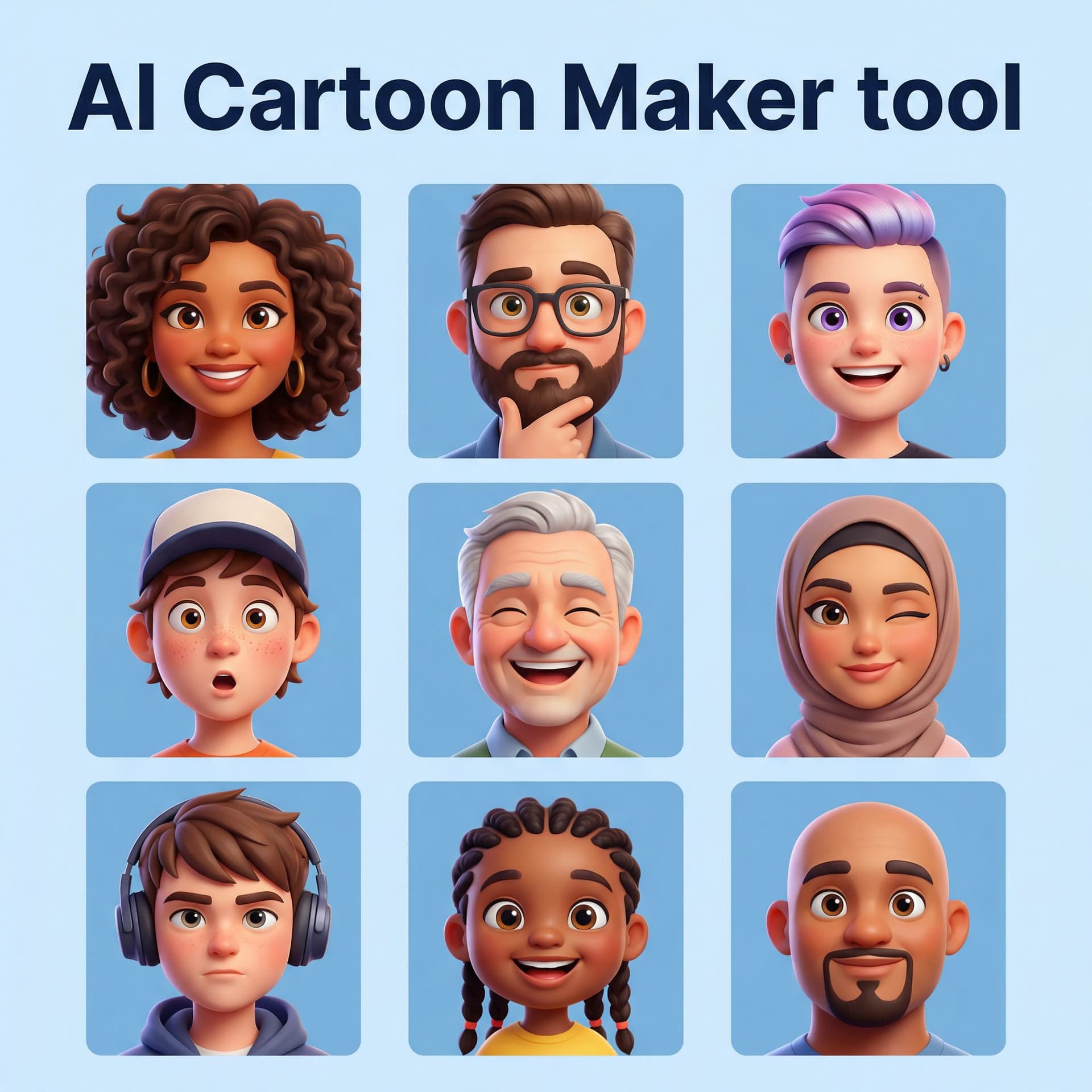 AI generated: Create a group image featuring multiple digital cartoon characters.
Each character should have a hig...
