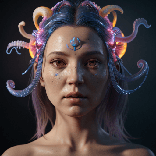 AI generated: Goddess close-up portrait ribcagel. jellyfish phoenix head, nautilus, orchid, skull, betta fish, bio...