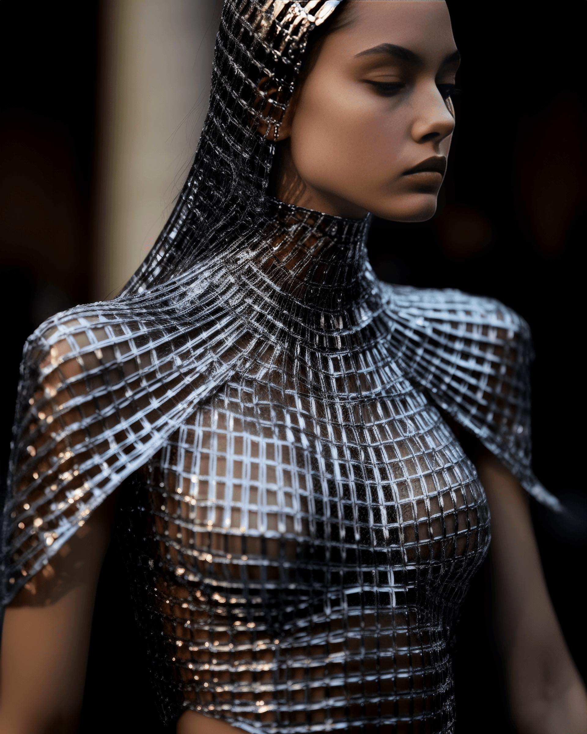 AI generated: paris fashion week in 2019, in the style of made of liquid metal, interlacing artifacts, schizocore,...