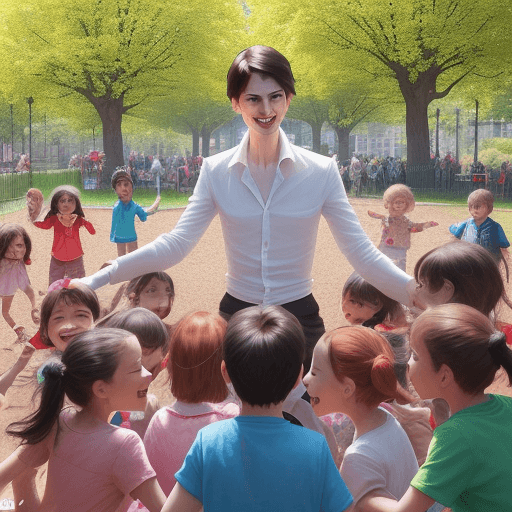 AI generated: A hundred children are joyfully circling around Pavel Durov in a vibrant, lively scene. The backgrou...