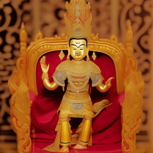 AI generated: Majapahit emperor, buddhist crown, gold outfit, Long robe, earrings, throne