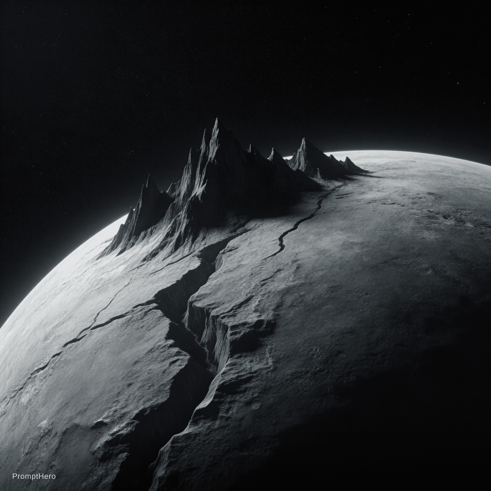 AI generated: a light grey planet with lots of deep canyons and tall black mountains floating in the darkness of s...