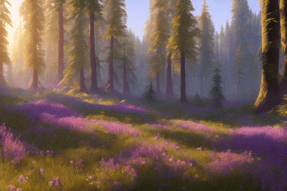 AI generated: pacific northwest, forest, wildflowers, 4k highly detailed digital art, 4 k hd wallpaper very detail...