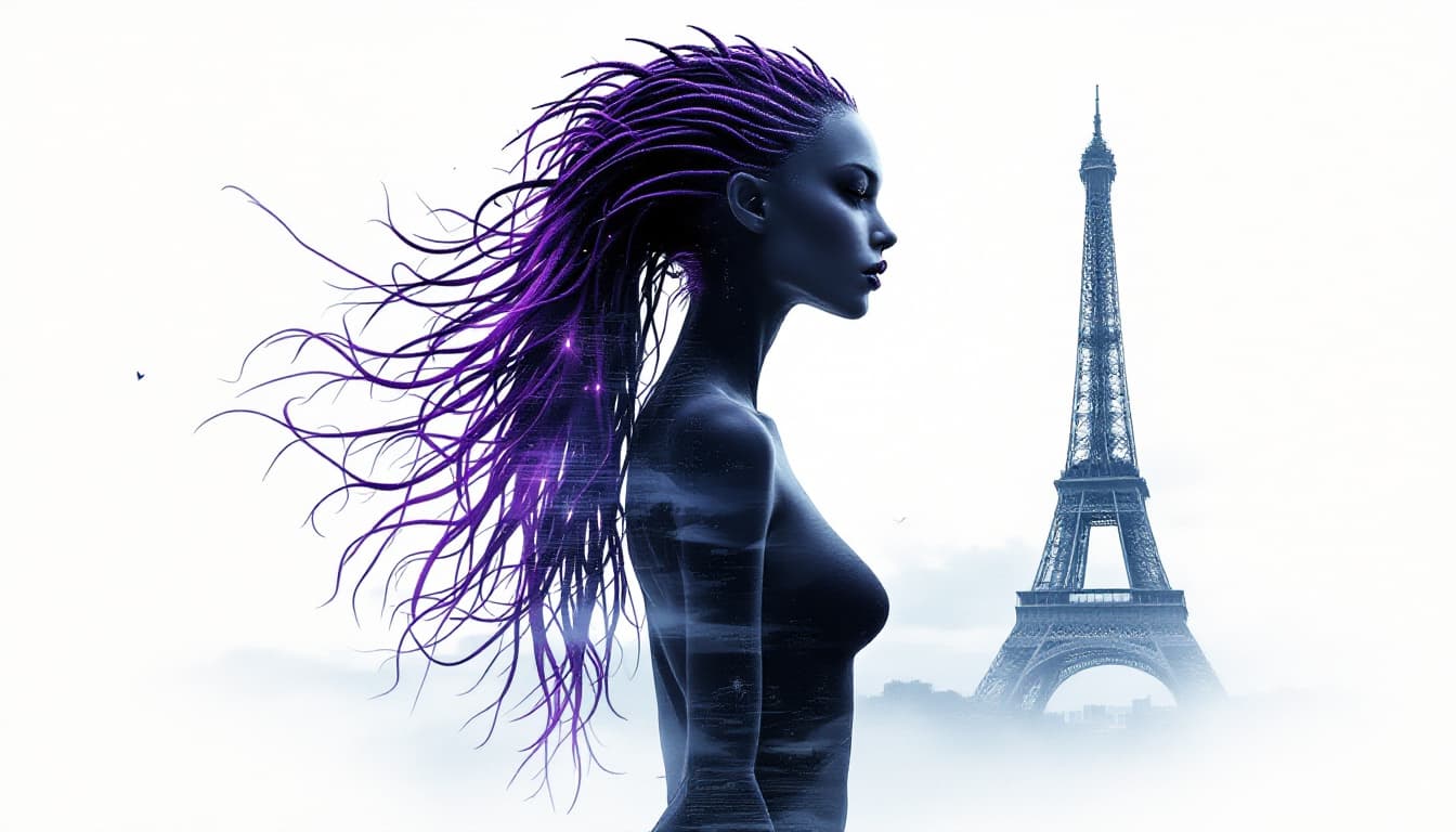 AI generated: Double Exposure illustration: A silhouette of a stunning Alien woman with neon purple spiney hair, s...