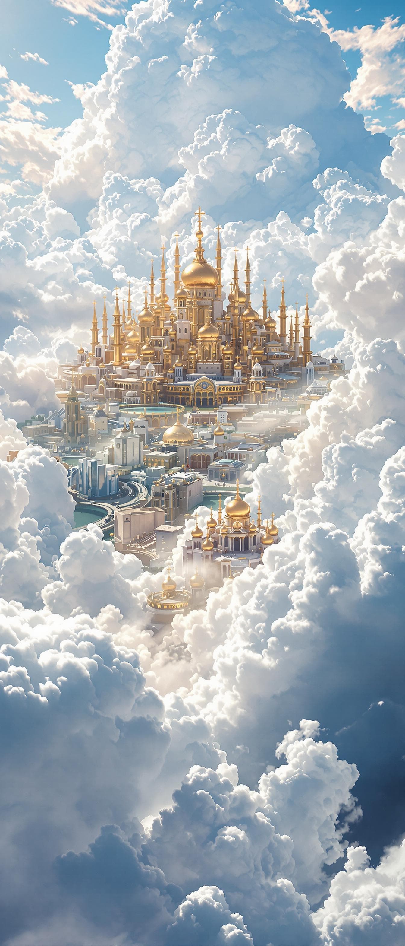 AI generated: heaven, a massive golden city far off in the distance, brilliant white clouds surround it,
Hyperreal...