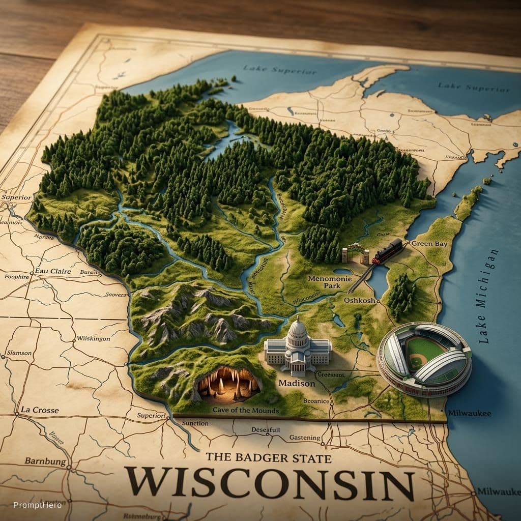 AI generated: I want the state of Wisconsin representative as a 3-D model with its geographical elements are being...