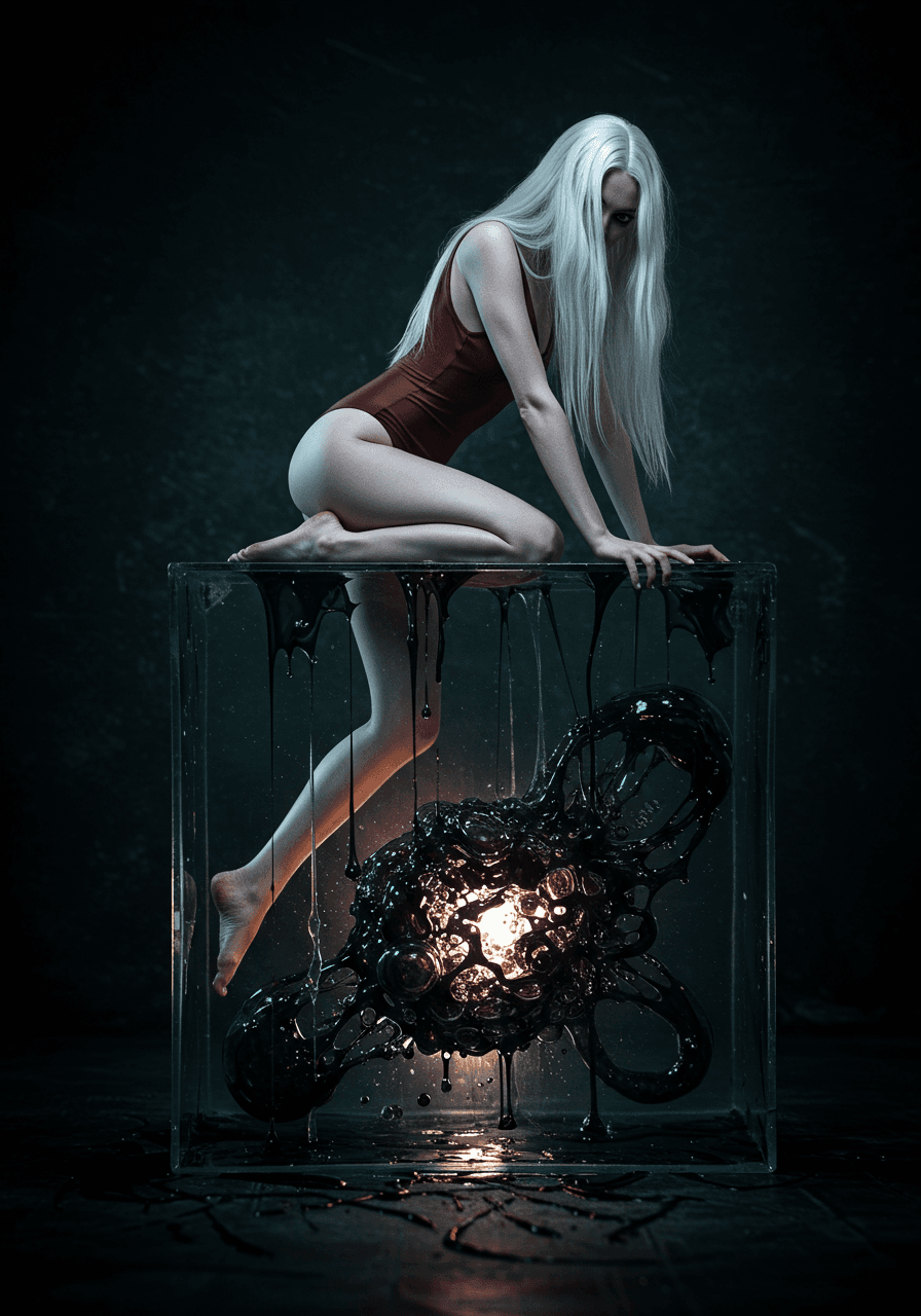 AI generated: elanai Horror-themed photo, best quality, young woman, sitting on a large glass cube. two legs insid...