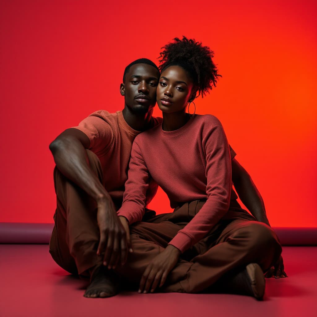 AI generated: wide and low angle, cinematic, fashion photography for the brand Uniqlo. Woman sitting on floor wear...