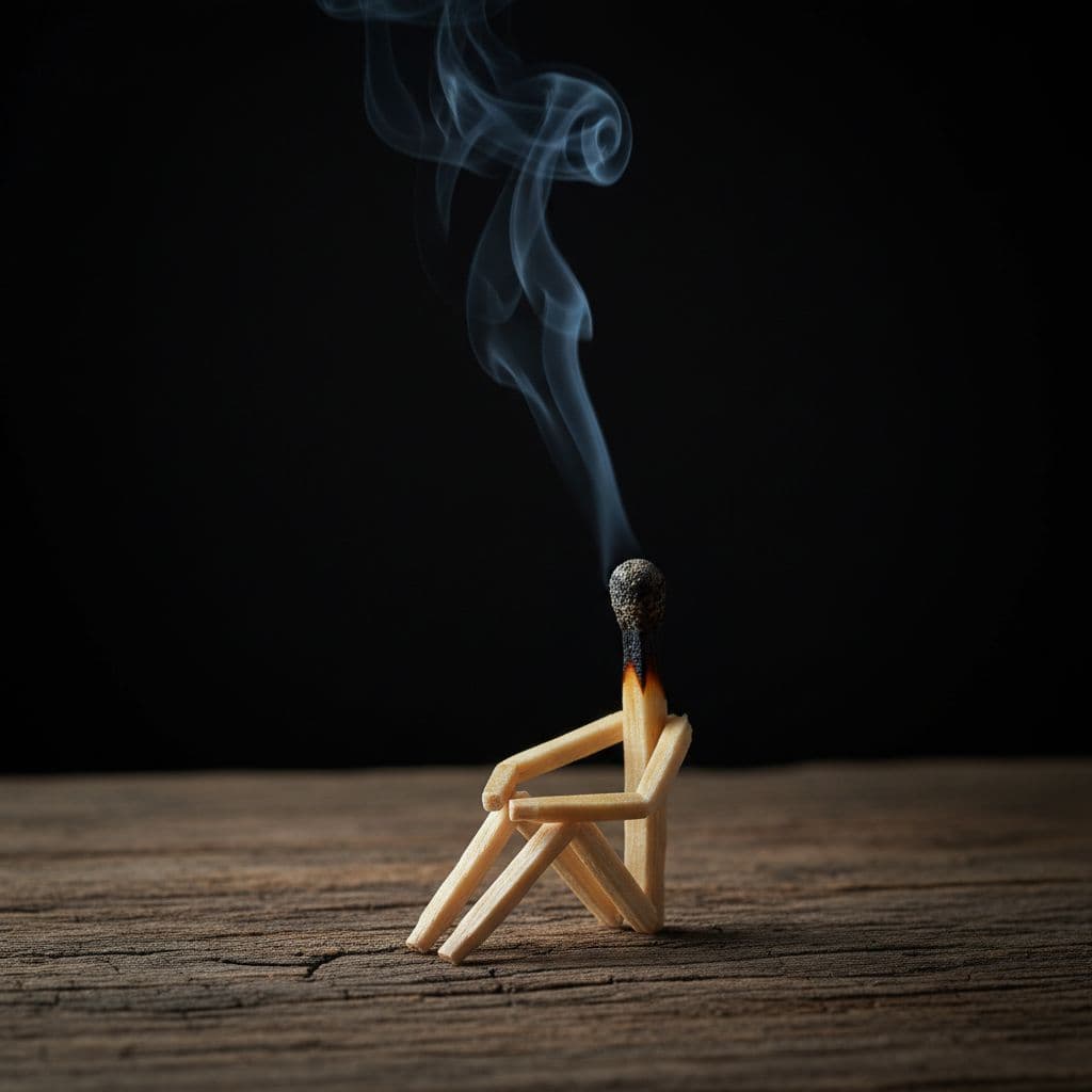 AI generated: A playful scene featuring a creatively positioned matchstick with two legs and two arms amd a smokin...