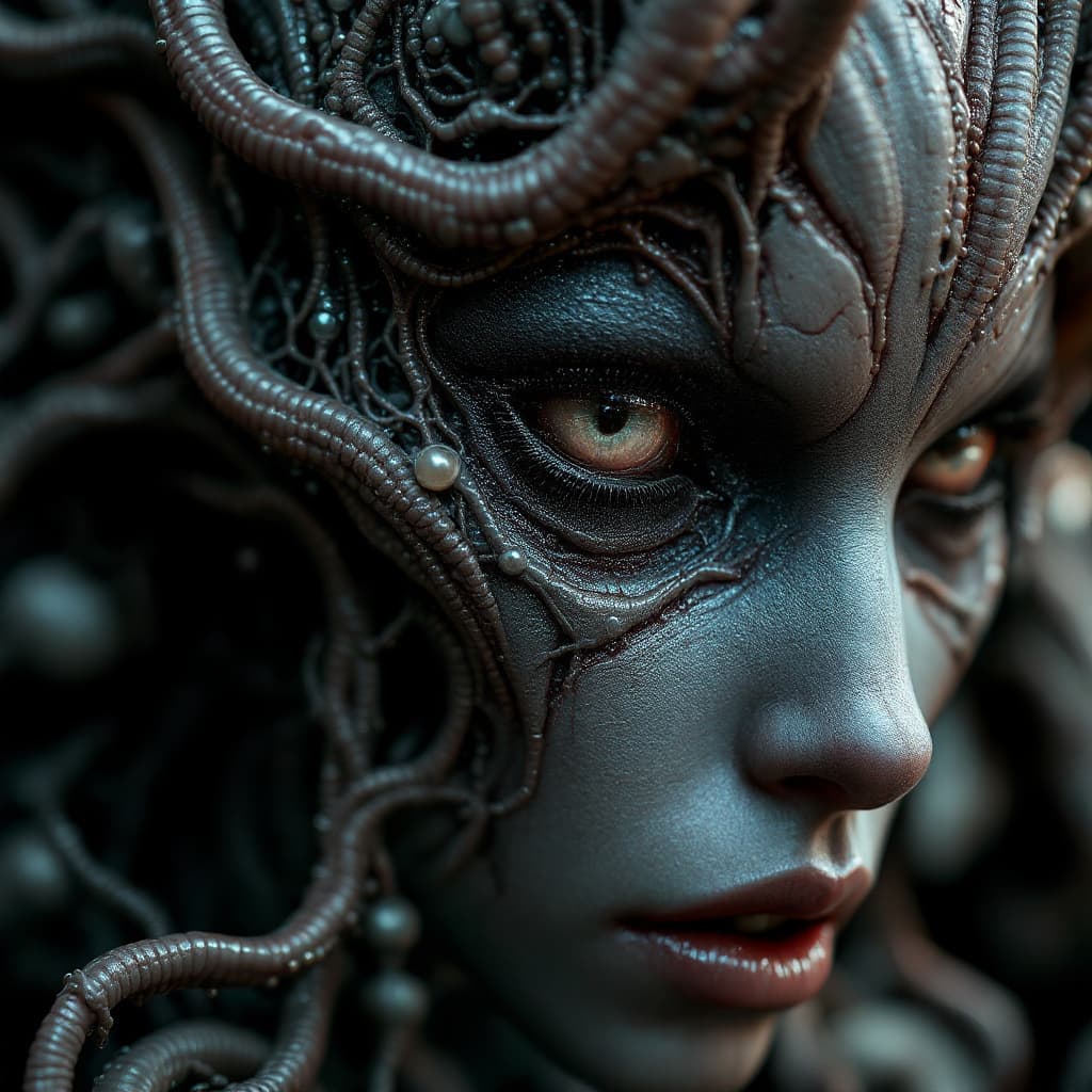 AI generated: slimy,creepy female cyborg demons,different full body modelposition, high detailed cinematic backgro...