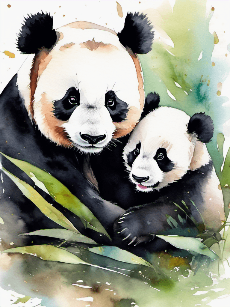 AI generated: watercolor painting of mother panda and cub, on a white background, very intricate, cozy, unforgetta...