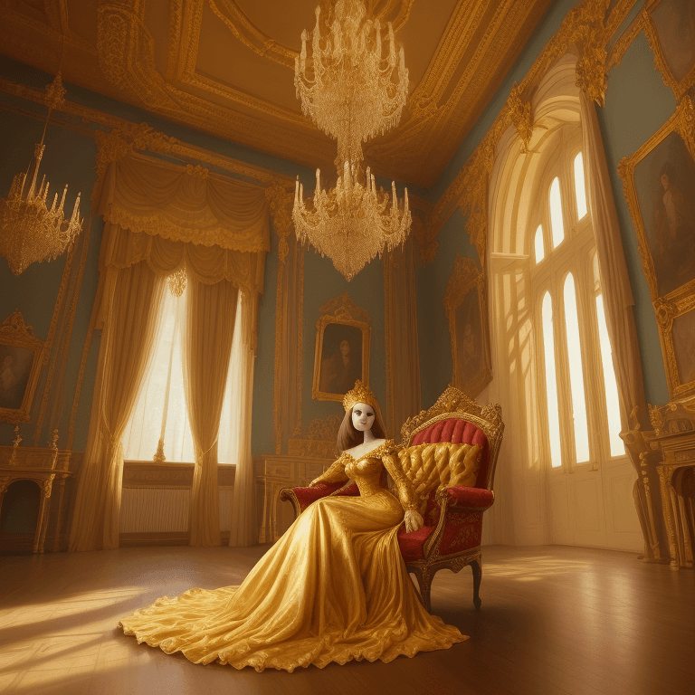 AI generated: Lady Dimitrescu in a castle, dressed in golden silk

