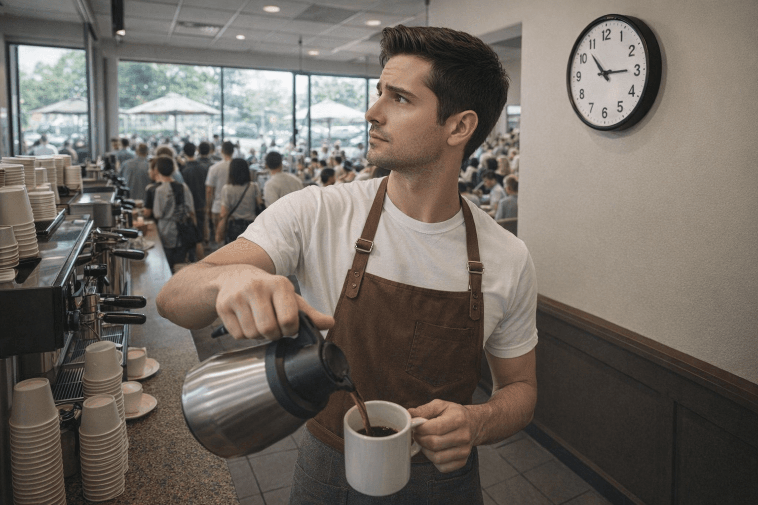 AI generated: the model is a barista at a very busy and big coffee shop. He is behind the counter serving people. ...
