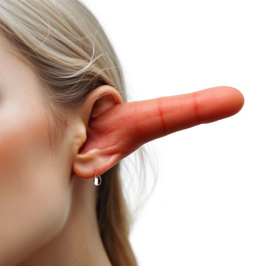 AI generated: A photo model with a finger growing out of her ear.