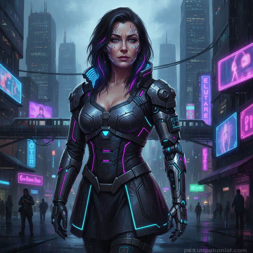 AI generated: A fully painted cyberpunk style woman with a shiny robotic arm in a dark futuristic setting