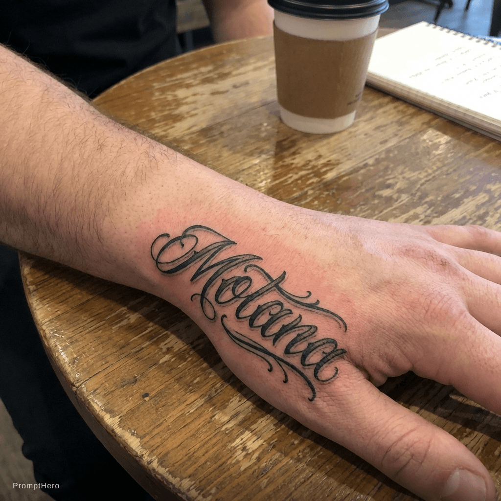 AI generated: Motana in cool writing on hand 