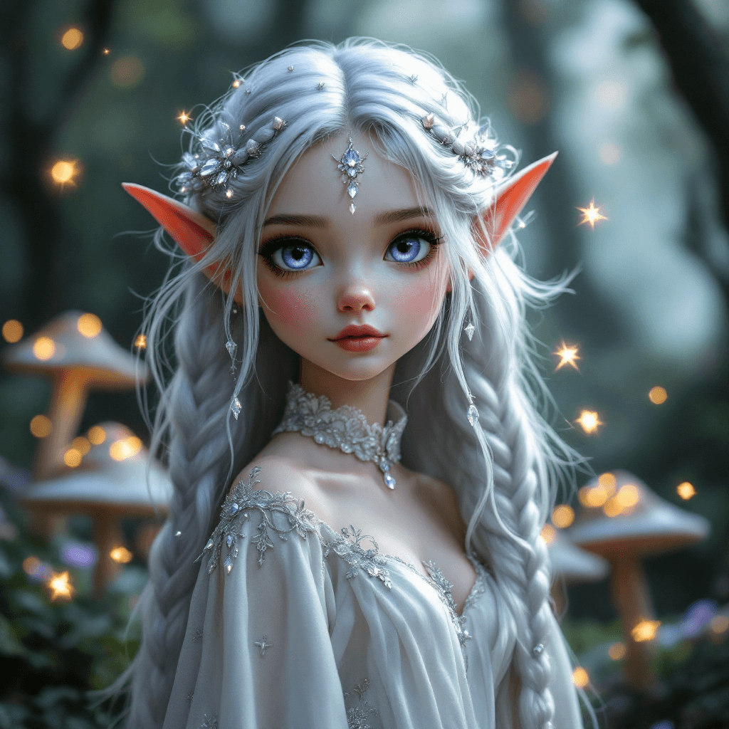 AI generated:     A whimsical, elven-like girl with long, silver hair adorned with delicate braids and small, glow...