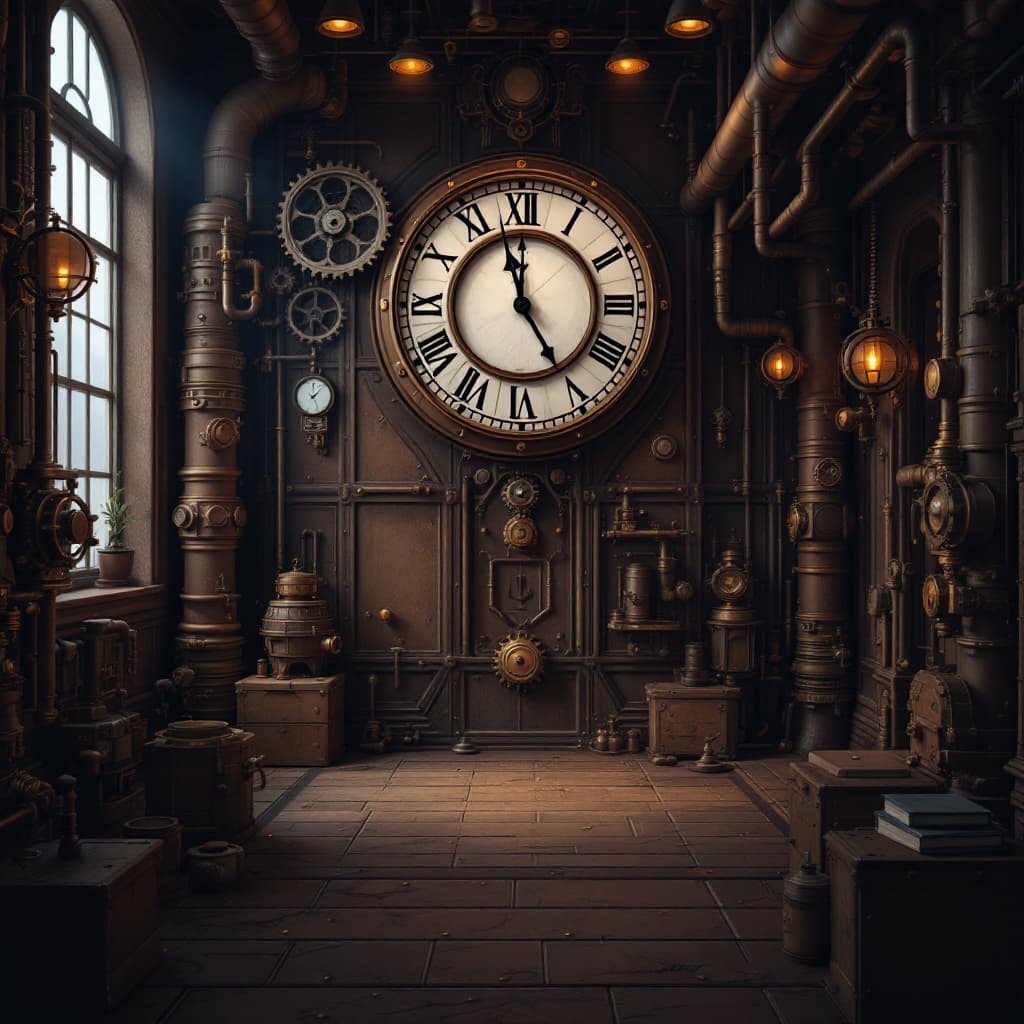 AI generated: steampunk room, gears, big clock, pipes, brown, aesthetic