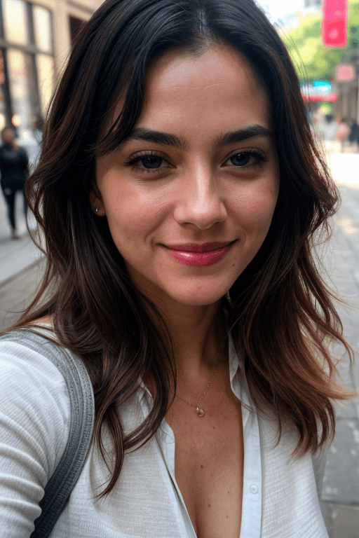 AI generated: A photorealiatic Portrait of American matured woman face, smiling emotions, blushing shy smile,cleav...