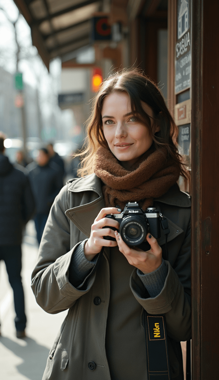 AI generated: A green-eyed woman is holding a Nikon film camera, photographing pedestrians on the street, the stre...