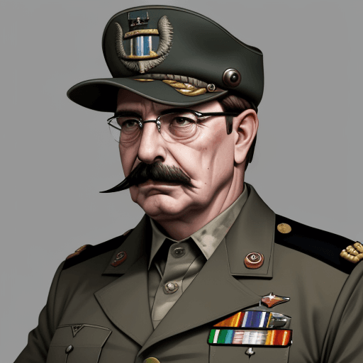 AI generated: tiranosaurio rex con atuendo y accesorios militares, gorra militar y bigote como las del dictador ar...
