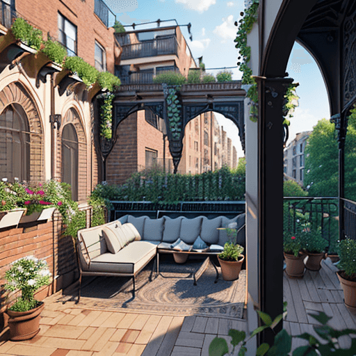 AI generated: SMALL GARDEN ON THE BALCONY OF A C-SHAPED APARTMENT WITH BRICK FINISH AND PERGOLA vertically and hor...