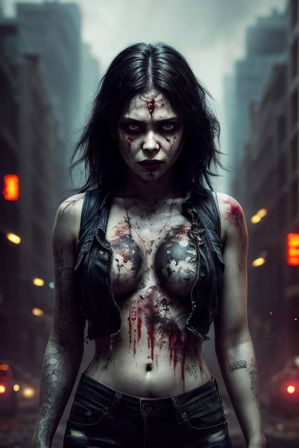 AI generated: digital illustration of a female zombie, full body, medium long shot photography, creepy and terrify...
