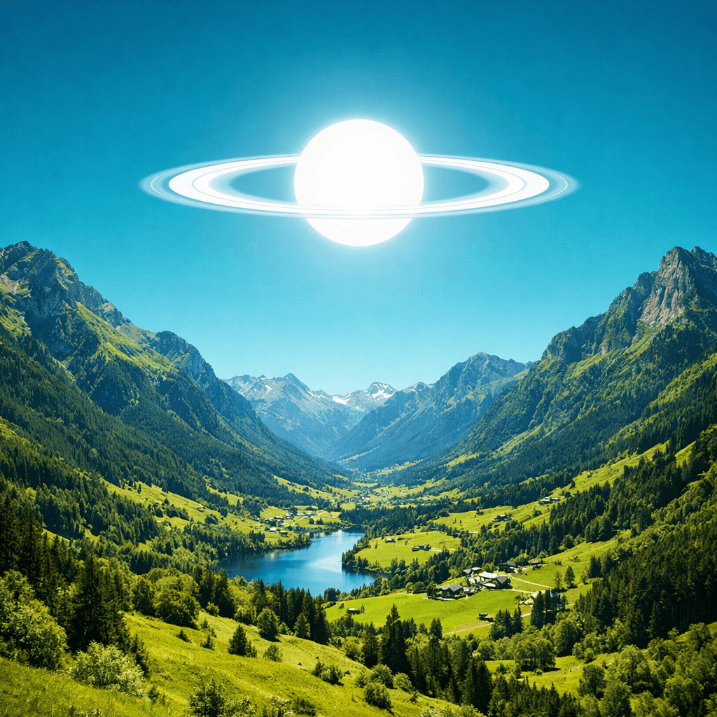 AI generated: a scenic landscape with valleys and really tall mountains covered in lush green but the sky has a mo...