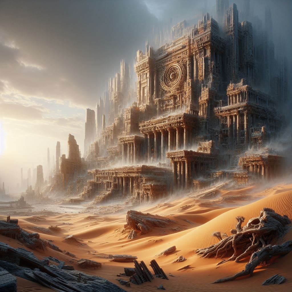 AI generated: A ruin of a forgotten and destroyed castle and population amidst sand and fog, there are many rocks ...