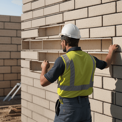 AI generated: Ultra-realistic photograph of a contemporary worker in Spain, building a brick wall on a modern cons...