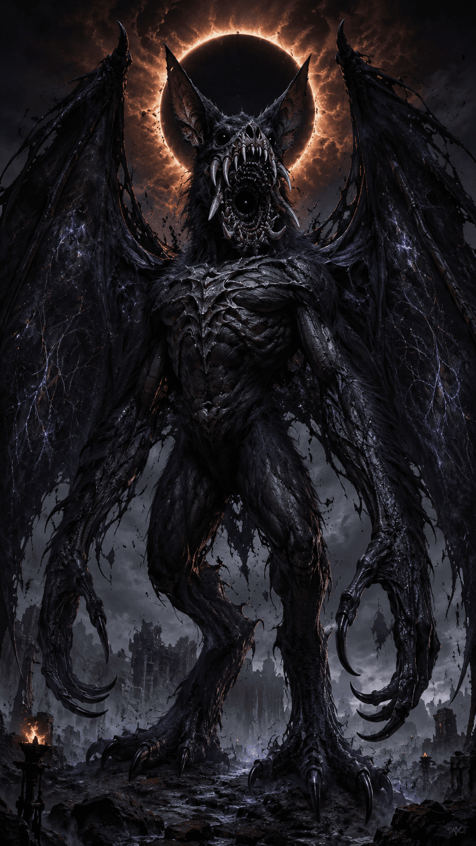 AI generated: A colossal anthropomorphic bat monstrosity known as the Eclipse Devourer, standing 2.5 meters tall a...