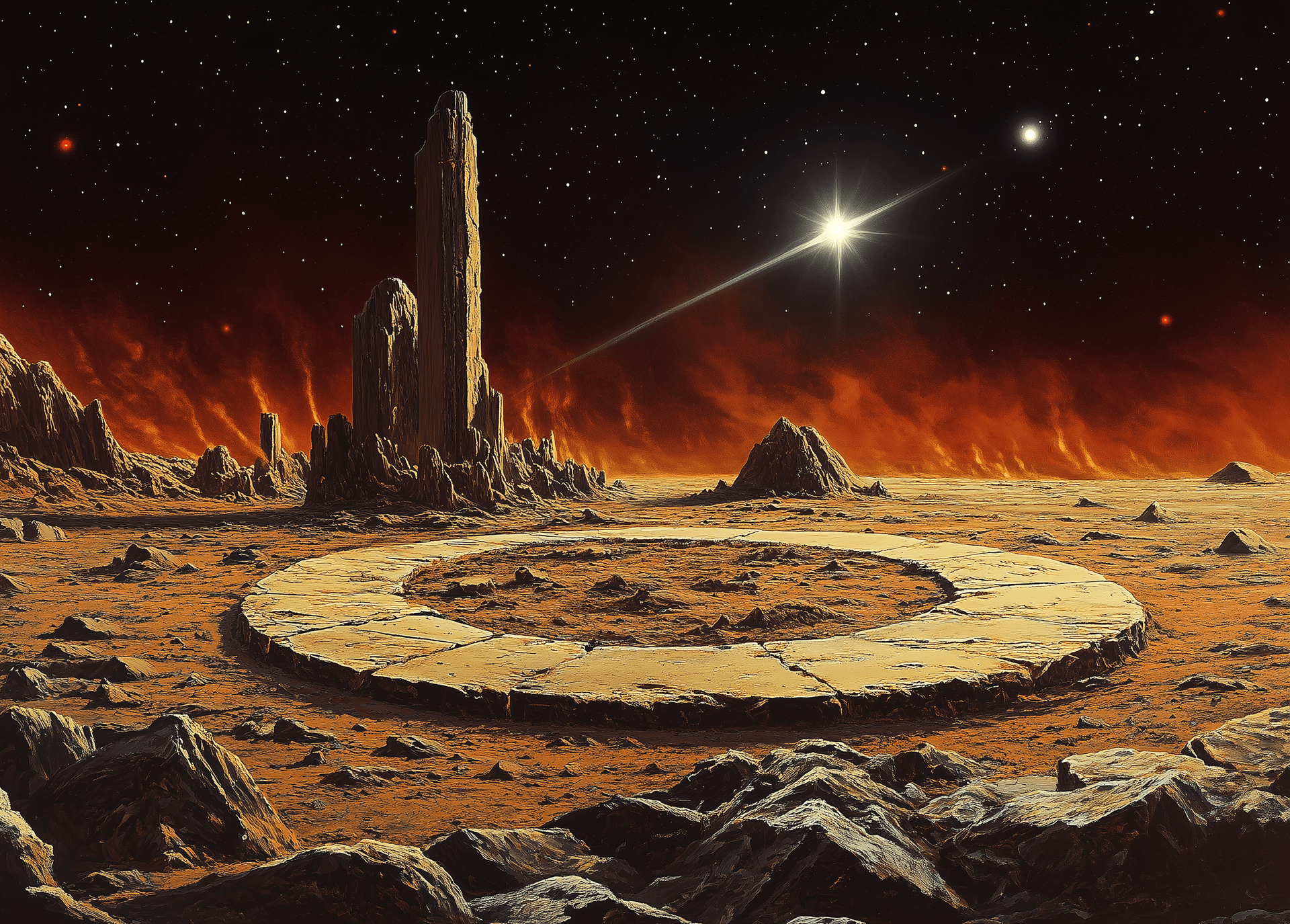 AI generated: 80s vintage fantasy art, the starry sky above Mars is shrouded in red dust, and a thin line of smoke...