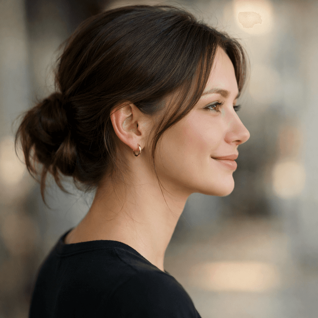 AI generated: woman, side view, slight smile, shot on a Canon A7 III --no freckles --chaos 75 --ar 1:2 --raw --pro...