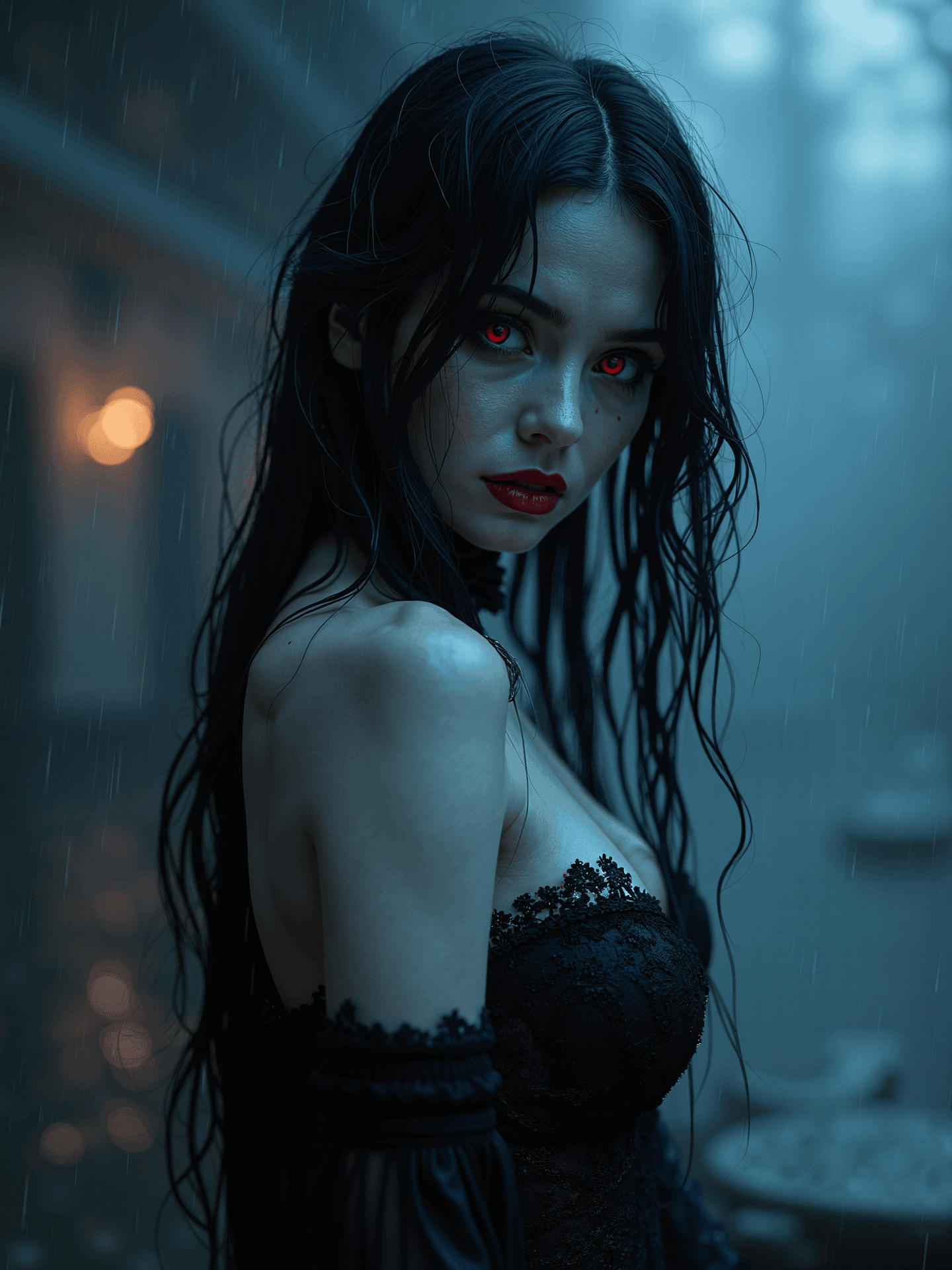AI generated: beautiful sensuous white skin women, dark blue hair, crimson red eyes, charmer, alluring, queen vamp...