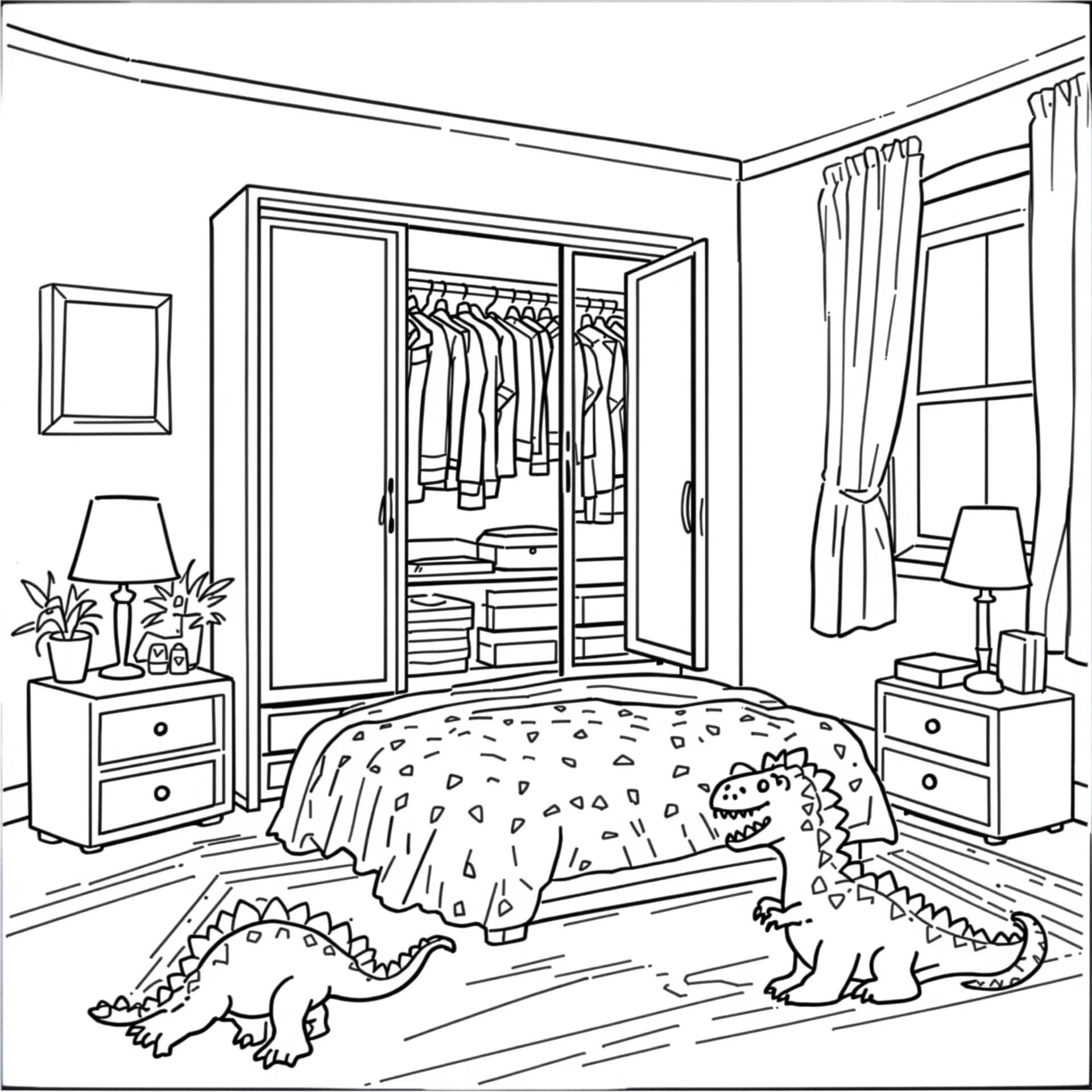 AI generated: Create a high-resolution black-and-white line drawing of a cozy bedroom with a wardrobe. Include det...