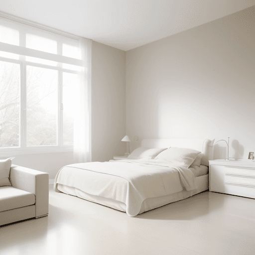 AI generated: Photograph, contemporary bedroom, soft light of morning, integration of beige flooring and matte sto...