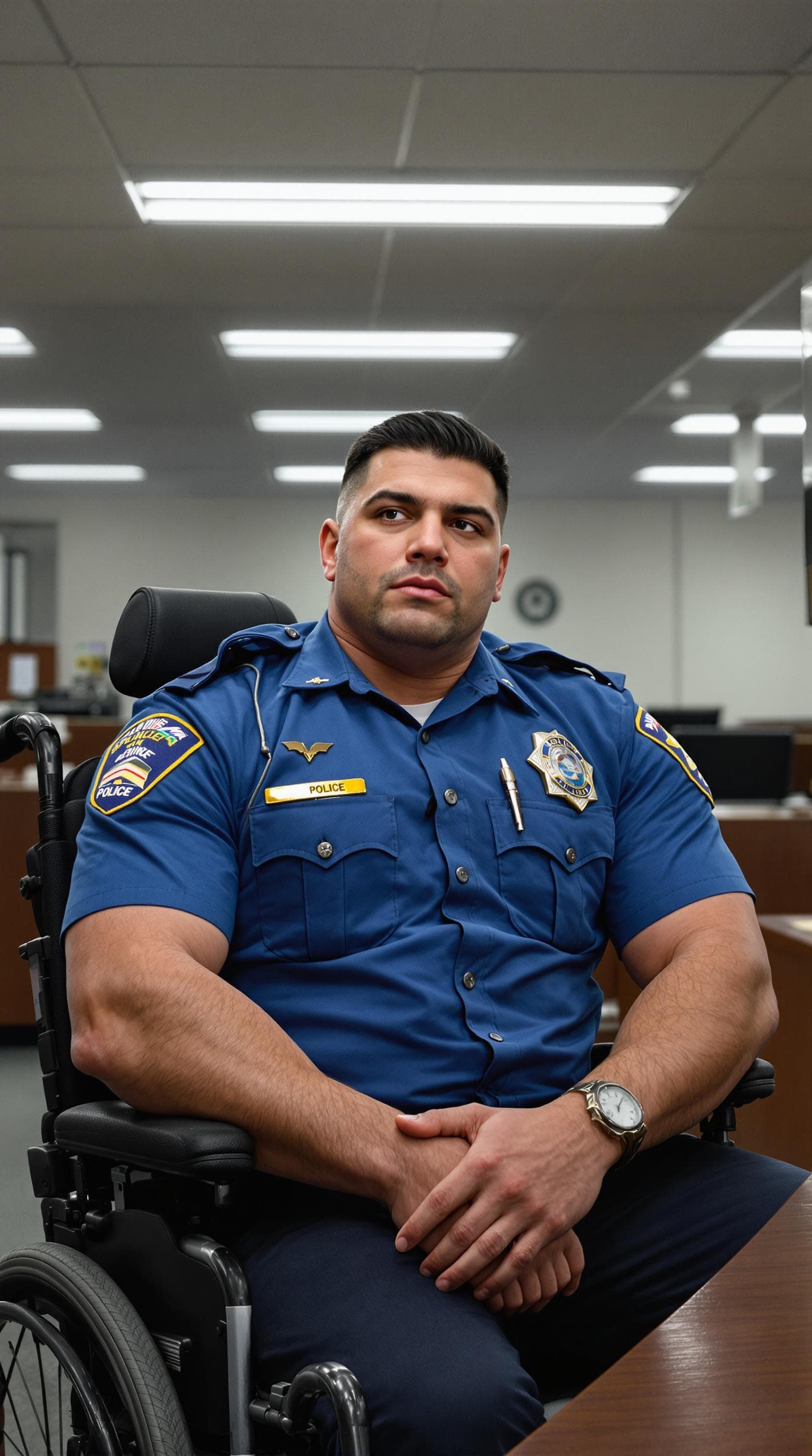 AI generated: A hyper-realistic portrait of a muscular police officer inspired by Joe Swanson; strong upper body i...