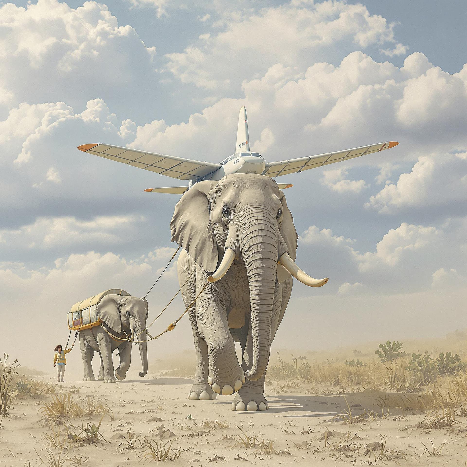 AI generated: elephant pulling a aeroplane
