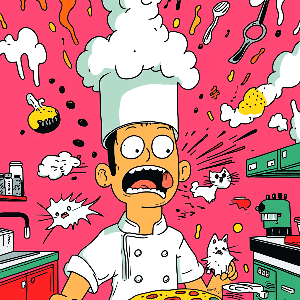 AI generated: Cartoon illustration of a clumsy chef flipping a pancake too high, looking up in panic; surrounded b...