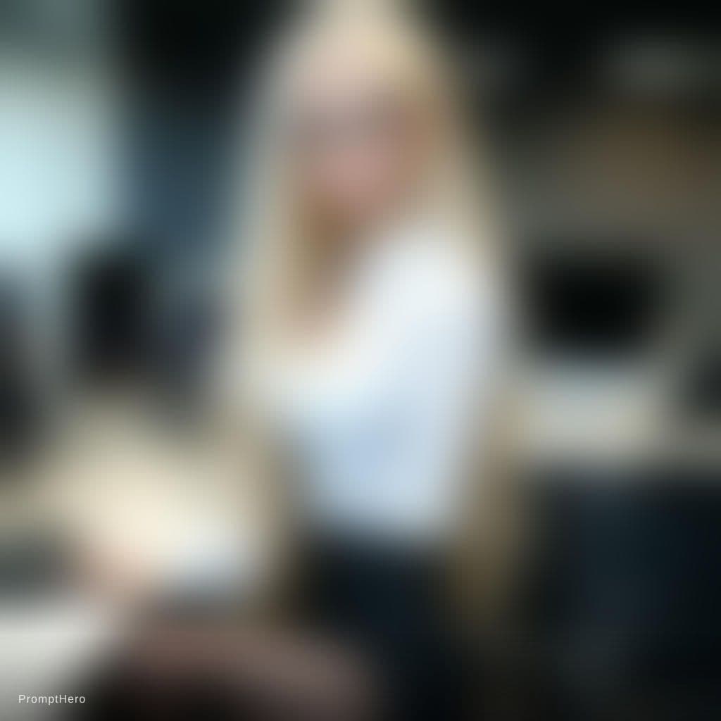 AI generated: A white female,blond long Hair, black miniskirt, black tights, black pointed shoes, head to shoulder...