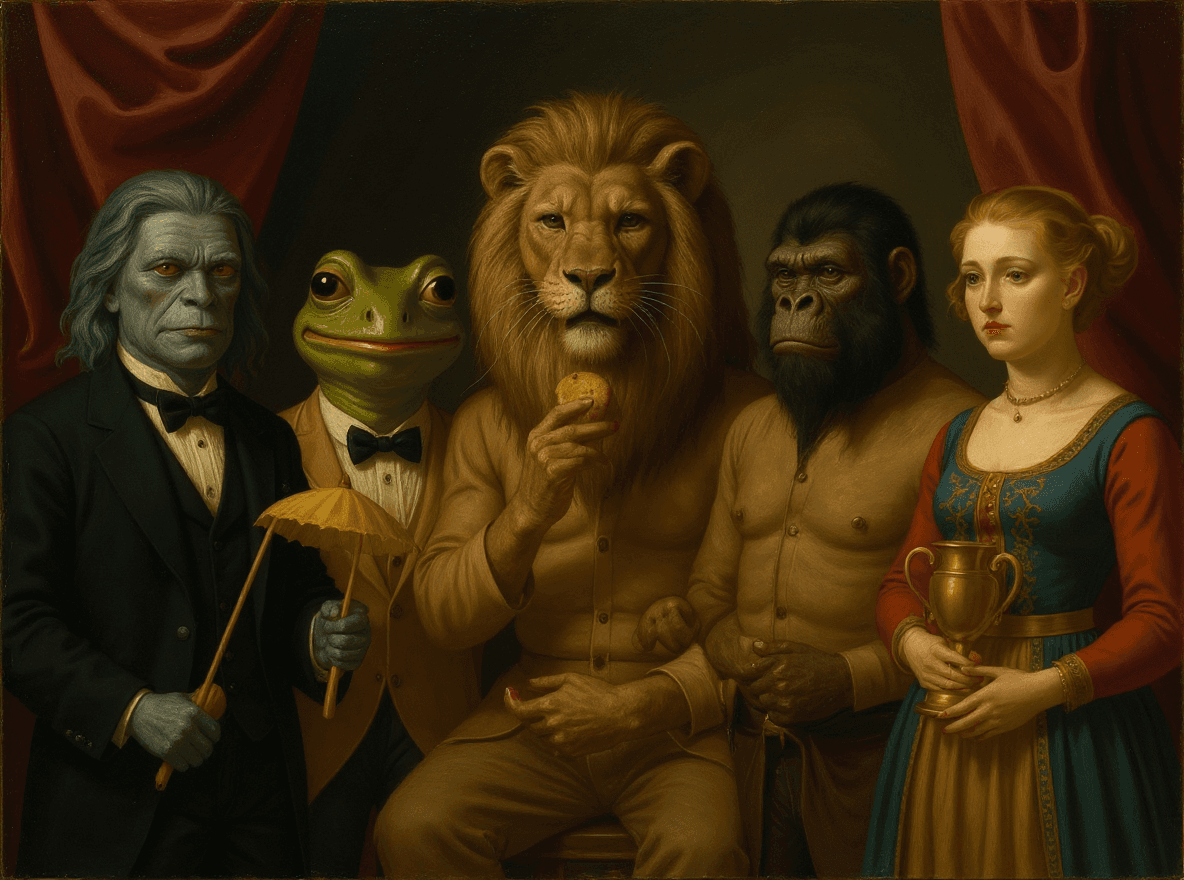 AI generated: a renaissance baroque painting of the six characters, three eyed cyan haired blue skin alien, squint...