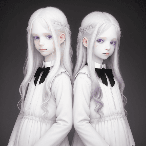AI generated: Albino twins, white wavy hair, pale skin, purple eyes, gray eyebrows and soft smiles. Black dresses.